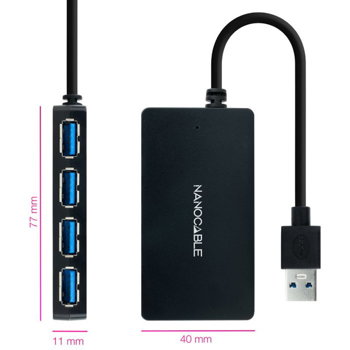 Nano Cable Hub USB 3.0 con 4 Puertos USB-A, Interfaz Plug & Play, Negro - 10.16.4403